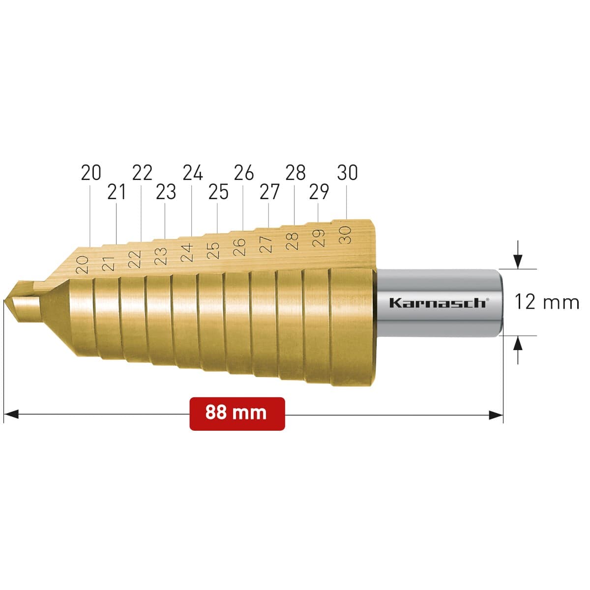 Ступенчатое сверло Ø 20-30 мм, HSS-XE с покрытием TiN-GOLD, Karnasch, арт. 21.3010 · арт. 21.3010 — фото 2