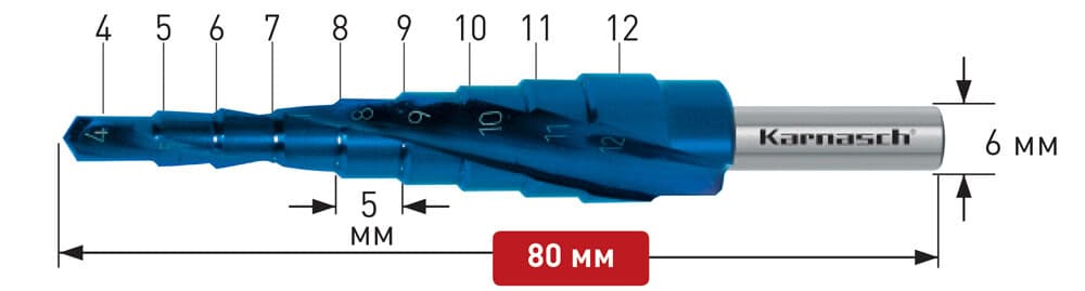 Ступенчатое сверло Ø 4-12 мм, HSS-XE с покрытием BLUE-DUR, Karnasch, арт. 20.1447 · арт. 20.1447 — фото 3