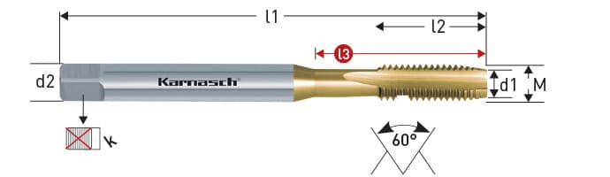 Метчик машинный Karnasch М3х0,5, HSS-Co/TiN, DIN 371, для сквозных отверстий, арт. 20.1820-002 — фото 2