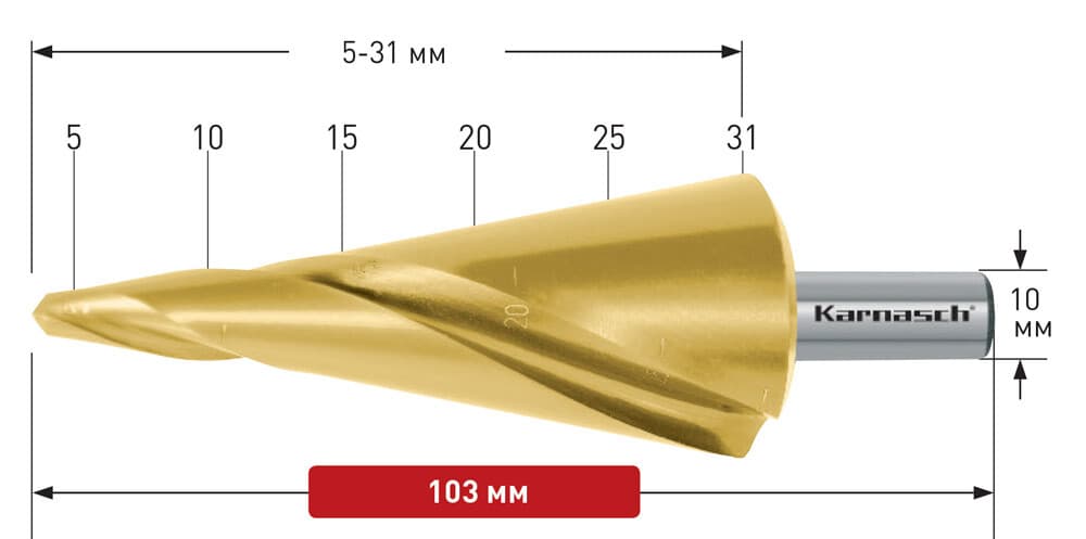 Коническое сверло Ø 5-31 мм, HSS-XE с покрытием TiN-GOLD, Karnasch, арт. 20.1473 · арт. 20.1473 — фото 3