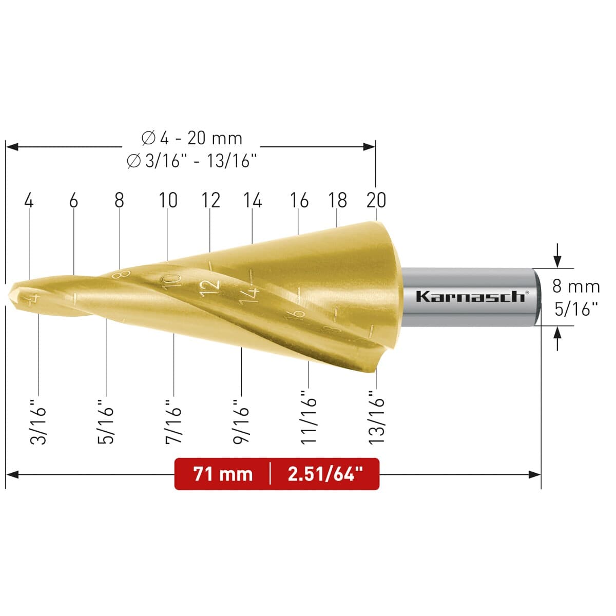 Коническое сверло Ø 4-20 мм, HSS-XE с покрытием TiN-GOLD, Karnasch, арт. 20.1472 · арт. 20.1472 — фото 2
