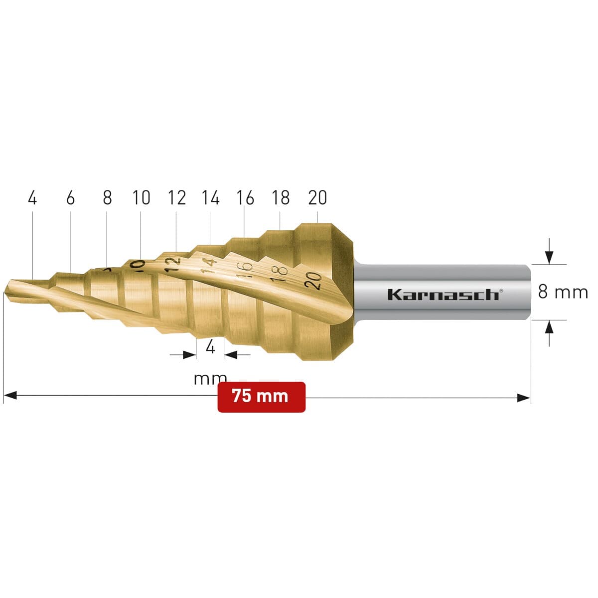 Ступенчатое сверло Ø 4-20 мм, HSS-XE с покрытием TiN-GOLD, Karnasch, арт. 21.3002 · арт. 21.3002 — фото 2