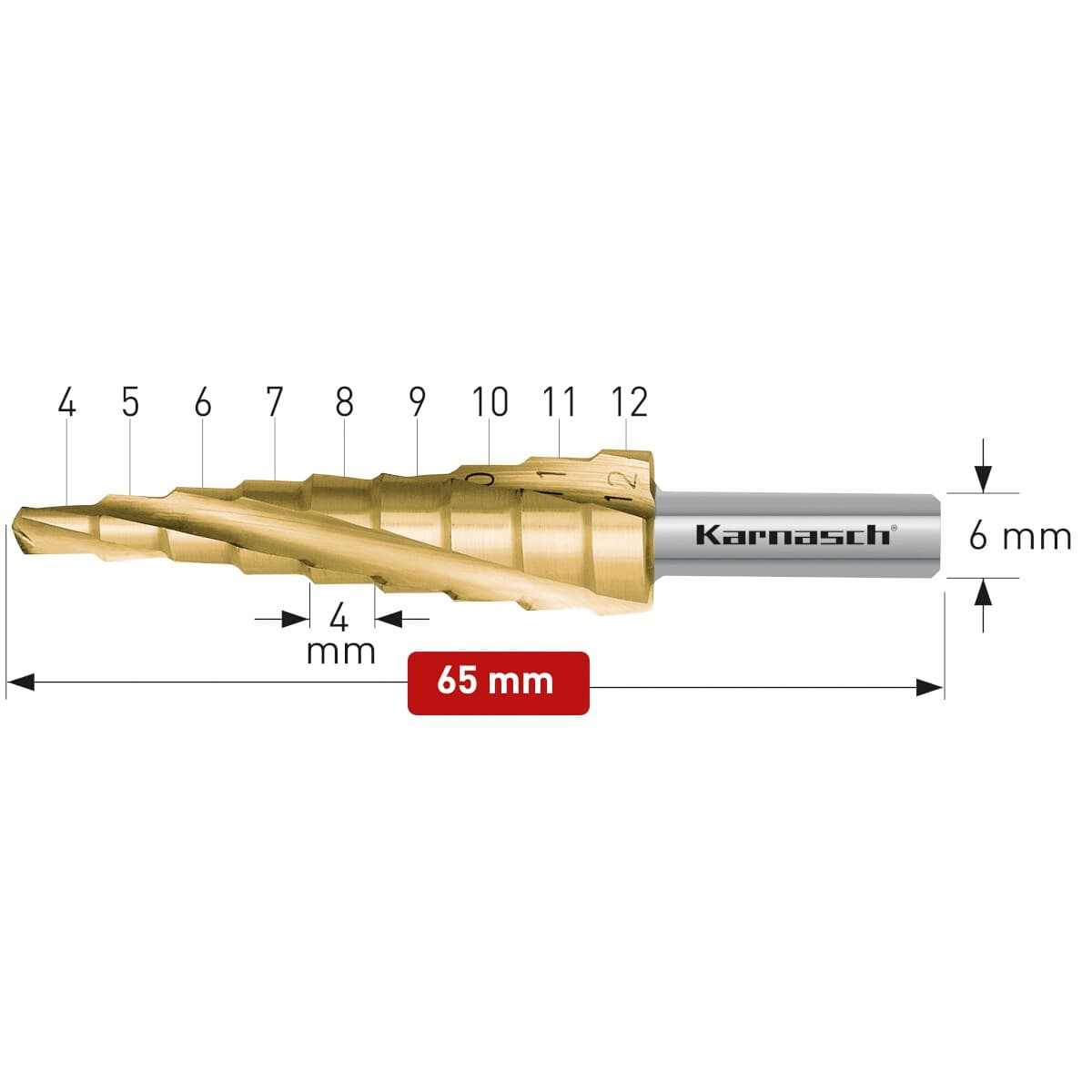 Ступенчатое сверло Ø 4-12 мм, HSS-XE с покрытием TiN-GOLD (3 зубца), Karnasch, арт. 21.3001 · арт. 21.3001 — фото 2