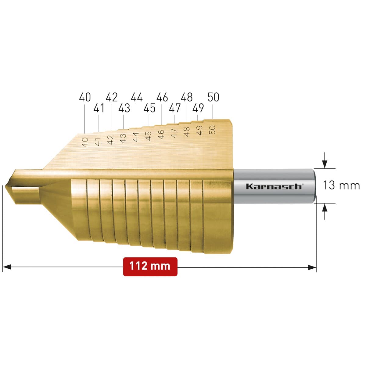 Ступенчатое сверло Ø 40-50 мм, HSS-XE с покрытием TiN-GOLD, Karnasch, арт. 21.3020 · арт. 21.3020 — фото 2