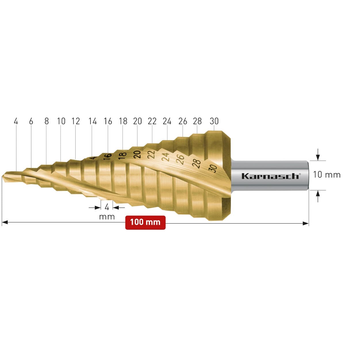 Ступенчатое сверло Ø 6-30 мм, HSS-XE с покрытием TiN-GOLD, Karnasch, арт. 21.3003 · арт. 21.3003 — фото 2