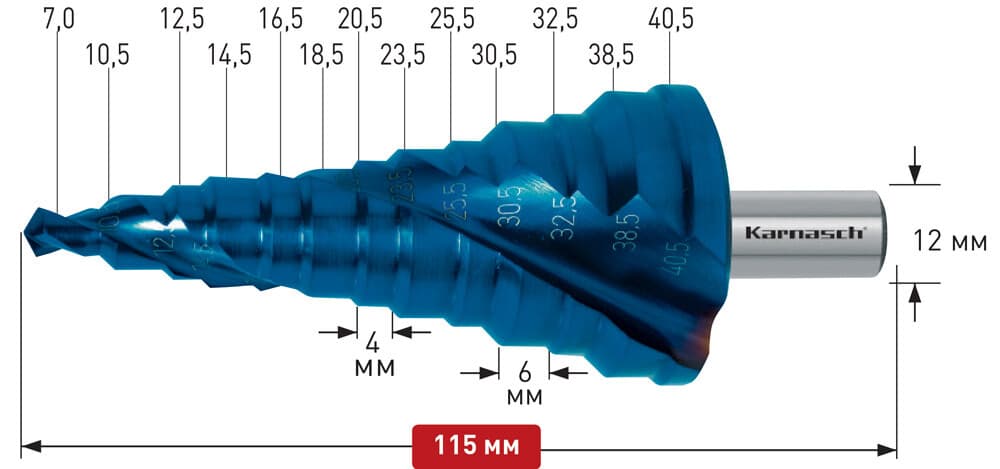 Ступенчатое сверло Ø 7,0-40,5 мм, HSS-XE с покрытием BLUE-DUR, Karnasch, арт. 20.1451 · арт. 20.1451 — фото 3