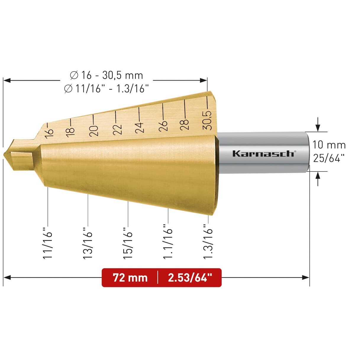 Коническое сверло Ø 16-30,5 мм, HSS-XE с покрытием TiN-GOLD, Karnasch, арт. 21.0038 · арт. 21.0038 — фото 2
