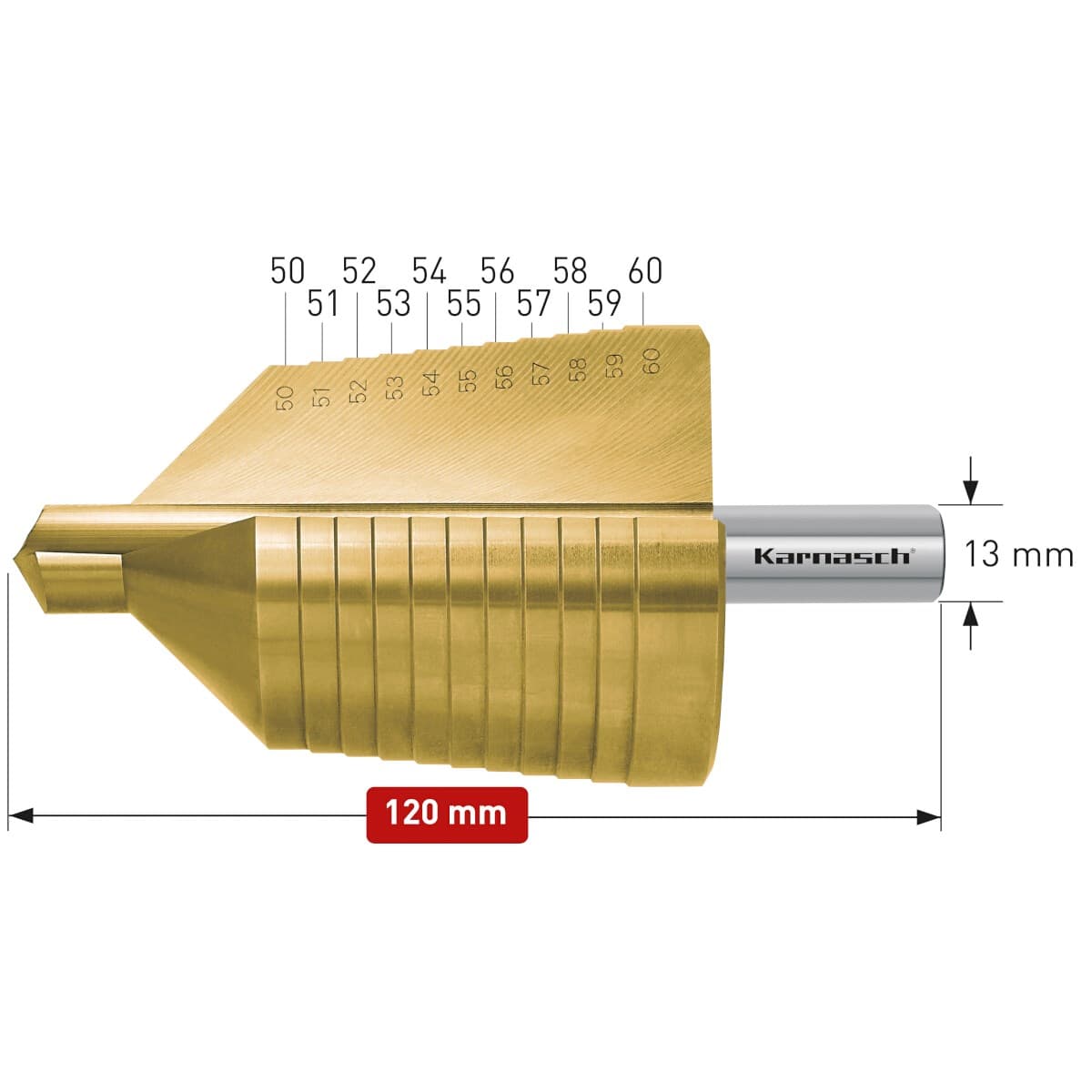 Ступенчатое сверло Ø 50-60 мм, HSS-XE с покрытием TiN-GOLD, Karnasch, арт. 21.3021 · арт. 21.3021 — фото 2