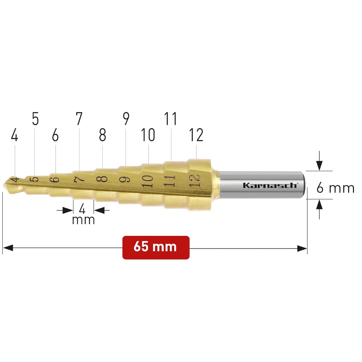 Ступенчатое сверло Ø 4-12 мм, HSS-XE с покрытием TiN-GOLD, Karnasch, арт. 21.3033 · арт. 21.3033 — фото 2