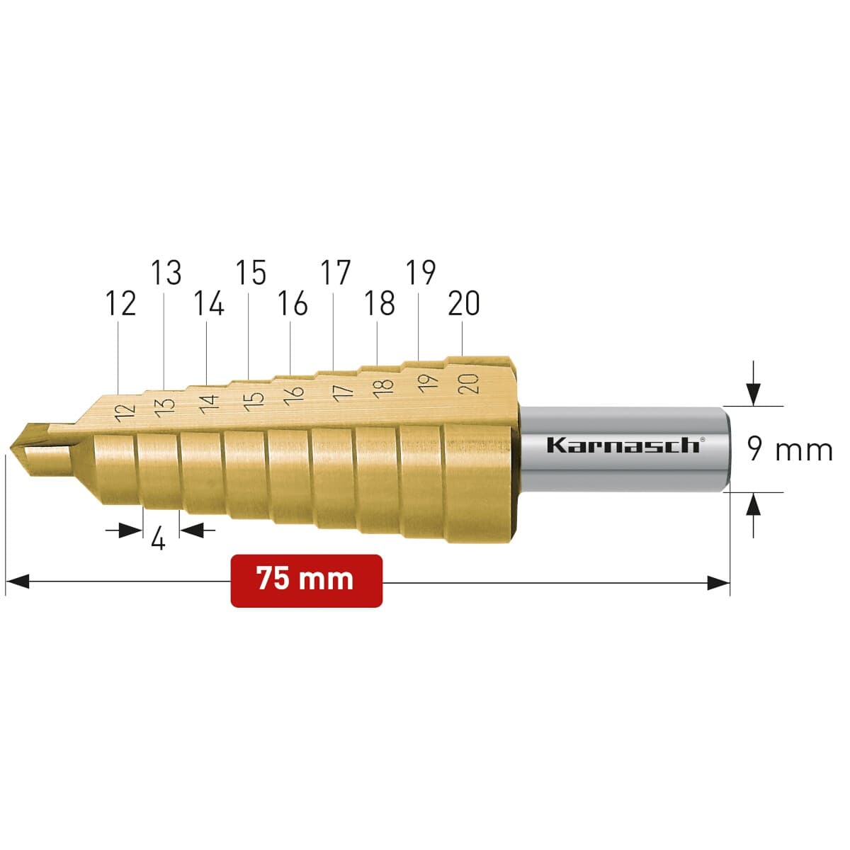Ступенчатое сверло Ø12-20 мм, HSS-XE с покрытием TiN-Gold, Karnasch, арт. 21.3009 · арт. 21.3009 — фото 2