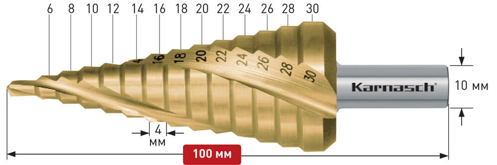 Ступенчатое сверло Ø 6-30 мм, HSS-XE с покрытием TiN-GOLD, Karnasch, арт. 21.3003 · арт. 21.3003 — фото 3