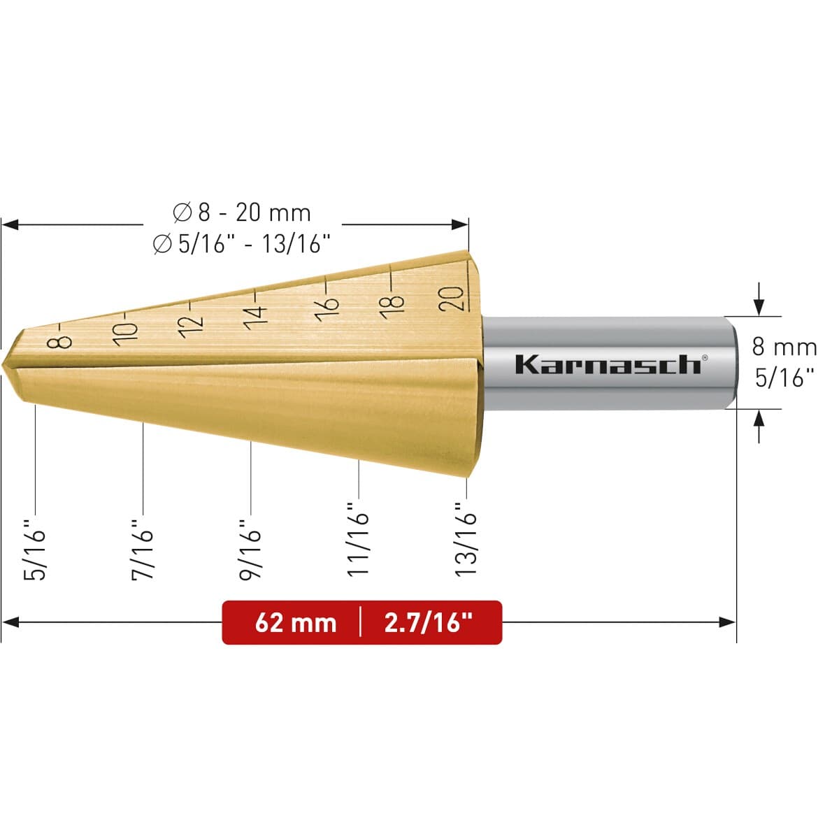 Коническое сверло Ø 8-20 мм, HSS-XE с покрытием TiN-GOLD, Karnasch, арт. 21.0037 · арт. 21.0037 — фото 2