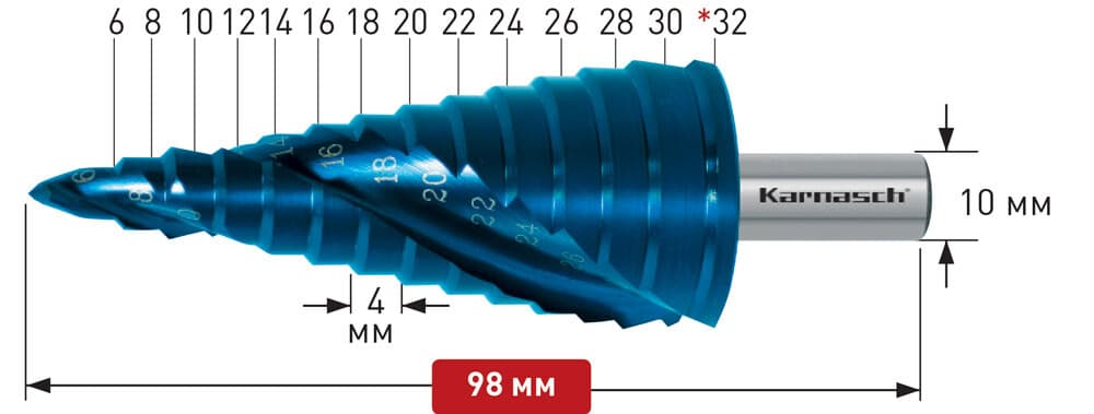 Ступенчатое сверло Ø 6-32 мм, HSS-XE с покрытием BLUE-DUR, Karnasch, арт. 20.1449 · арт. 20.1449 — фото 3