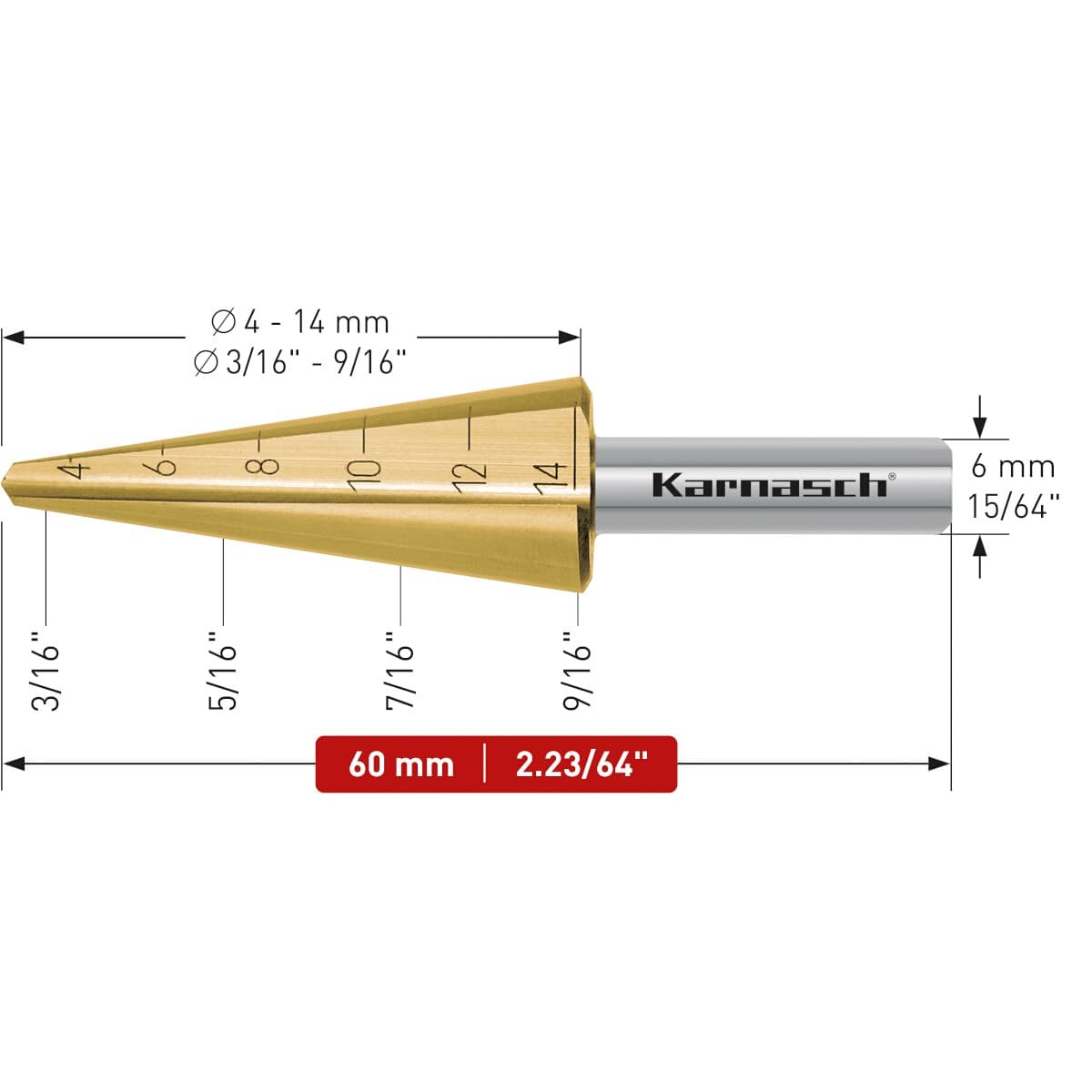 Коническое сверло Ø 4-14 мм, HSS-XE с покрытием TiN-GOLD, Karnasch, арт. 21.3019