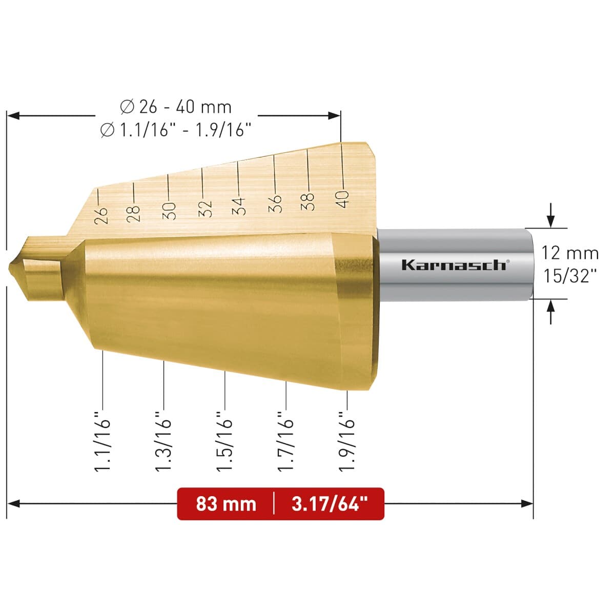 Коническое сверло Ø 26-40 мм, HSS-XE с покрытием TiN-GOLD, Karnasch, арт. 21.3017 · арт. 21.3017 — фото 2