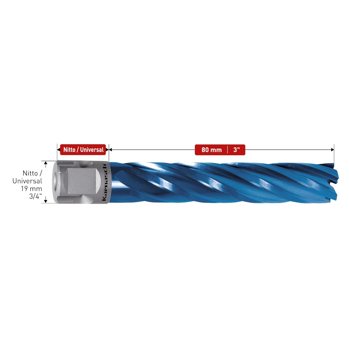 Корончатые сверла Karnasch BLUE-LINE 80 мм, хвостовик Weldon 19+Nitto, артикул 20.1125 - арт. 20.1125-040 — фото 2