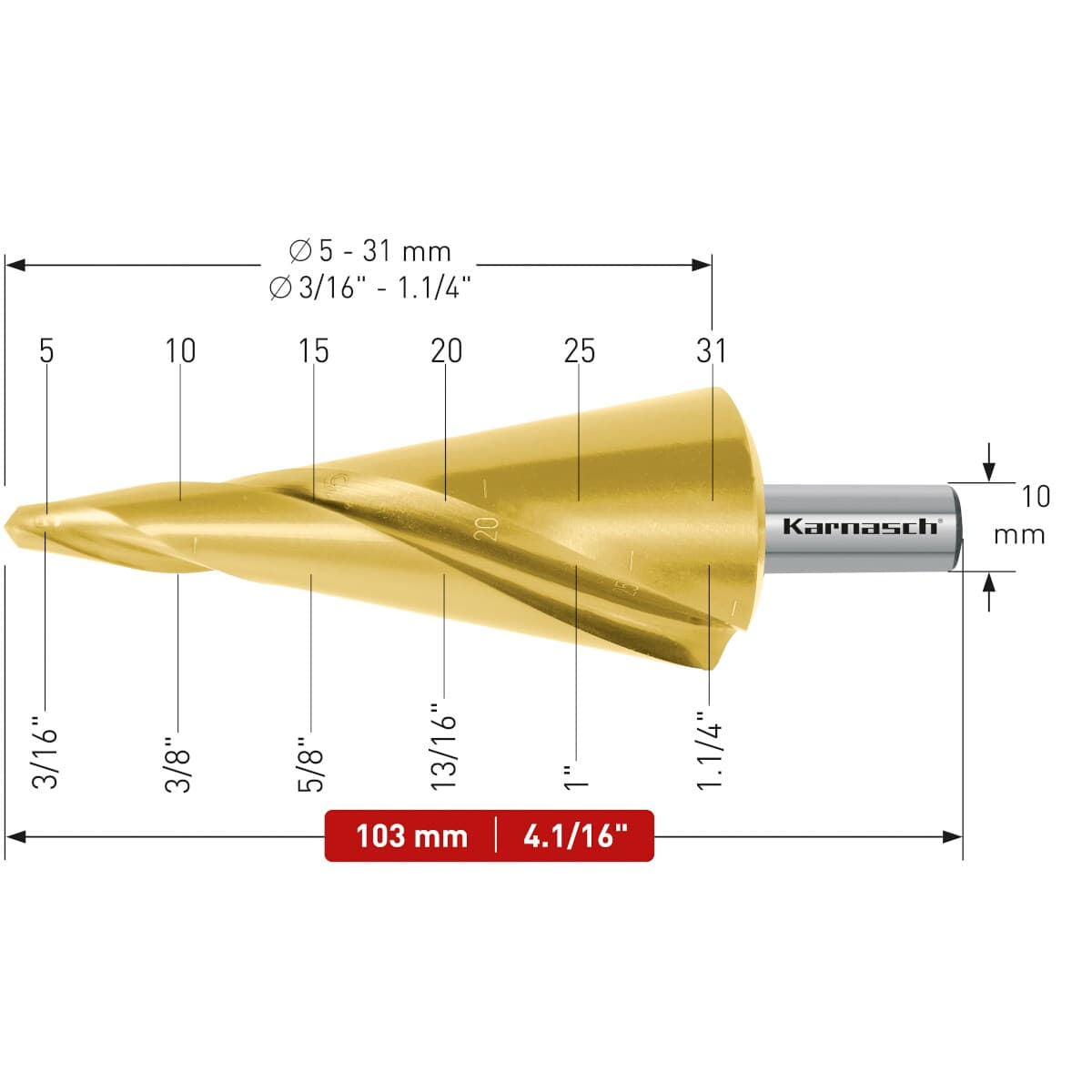 Коническое сверло Ø 5-31 мм, HSS-XE с покрытием TiN-GOLD, Karnasch, арт. 20.1473 · арт. 20.1473 — фото 2