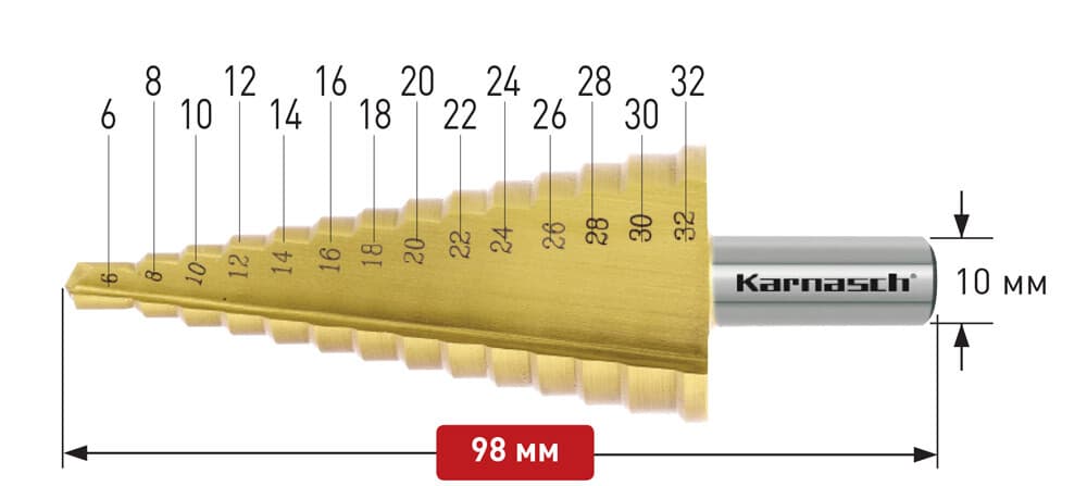 Ступенчатое сверло Ø 6-32 мм, HSS-XE с покрытием TiN-GOLD, Karnasch, арт. 21.3035 · арт. 21.3035 — фото 3