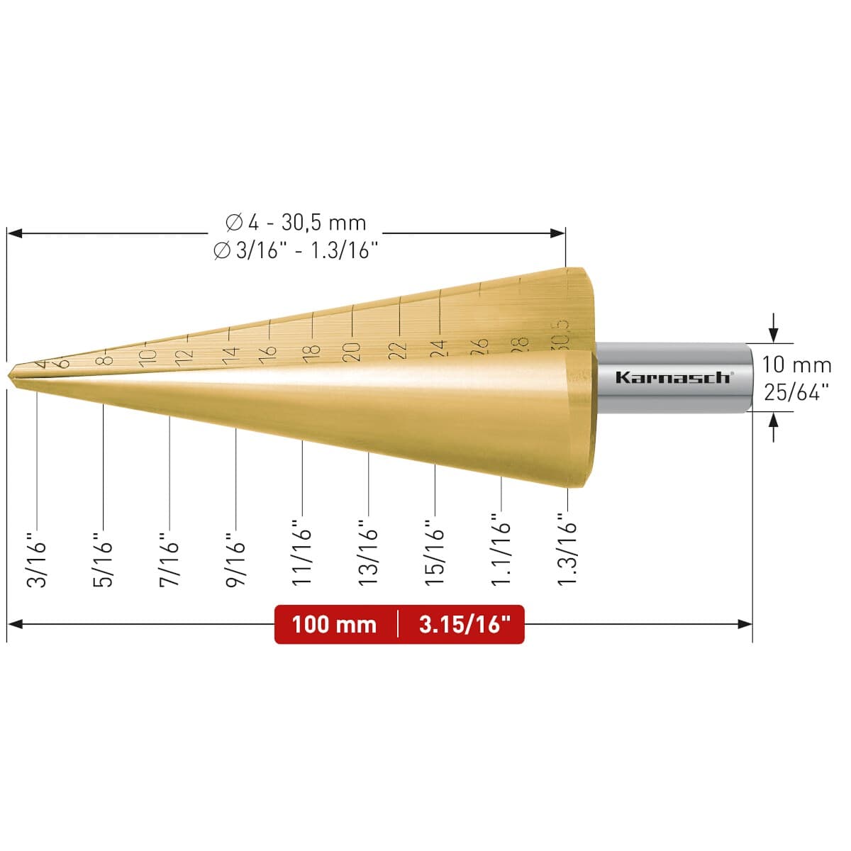 Коническое сверло Ø 4-30,5 мм, HSS-XE с покрытием TiN-GOLD, Karnasch, арт. 21.3015 · арт. 21.3015 — фото 2