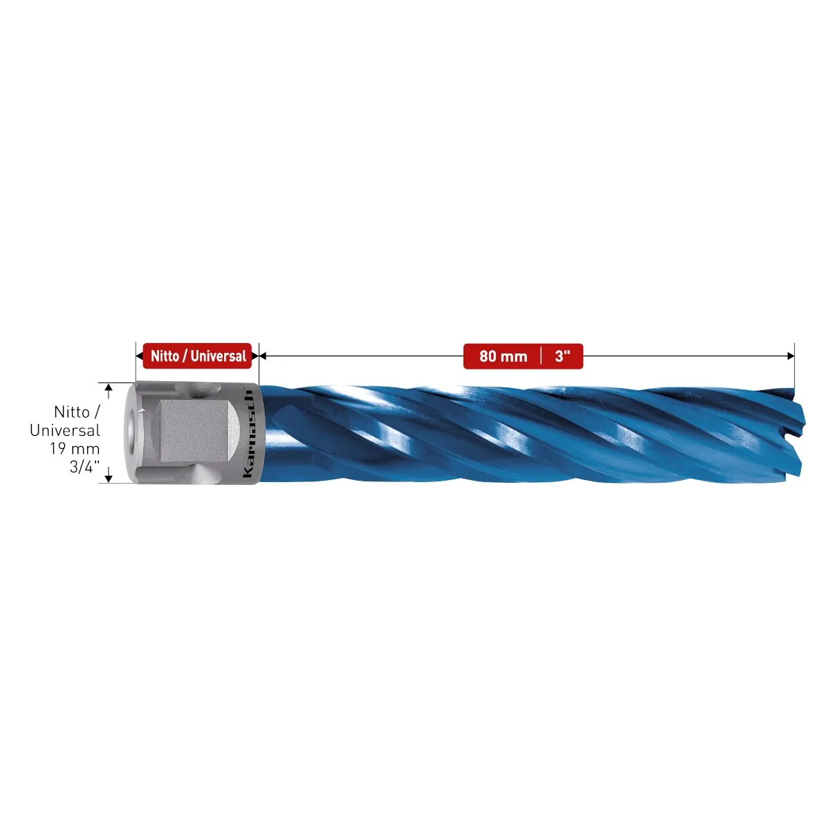 Корончатые сверла Karnasch BLUE-LINE 80 мм, хвостовик Weldon 19+Nitto, артикул 20.1125